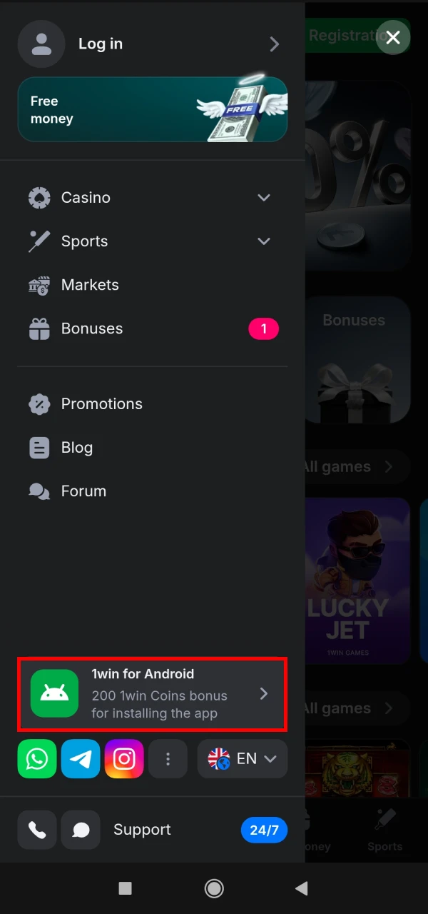 Download the 1win app for Android from the main page.