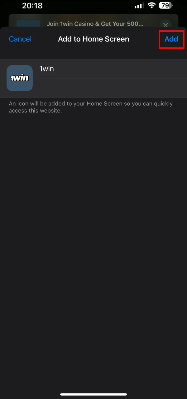 Rename the application 1win and click the add to iOS device button.