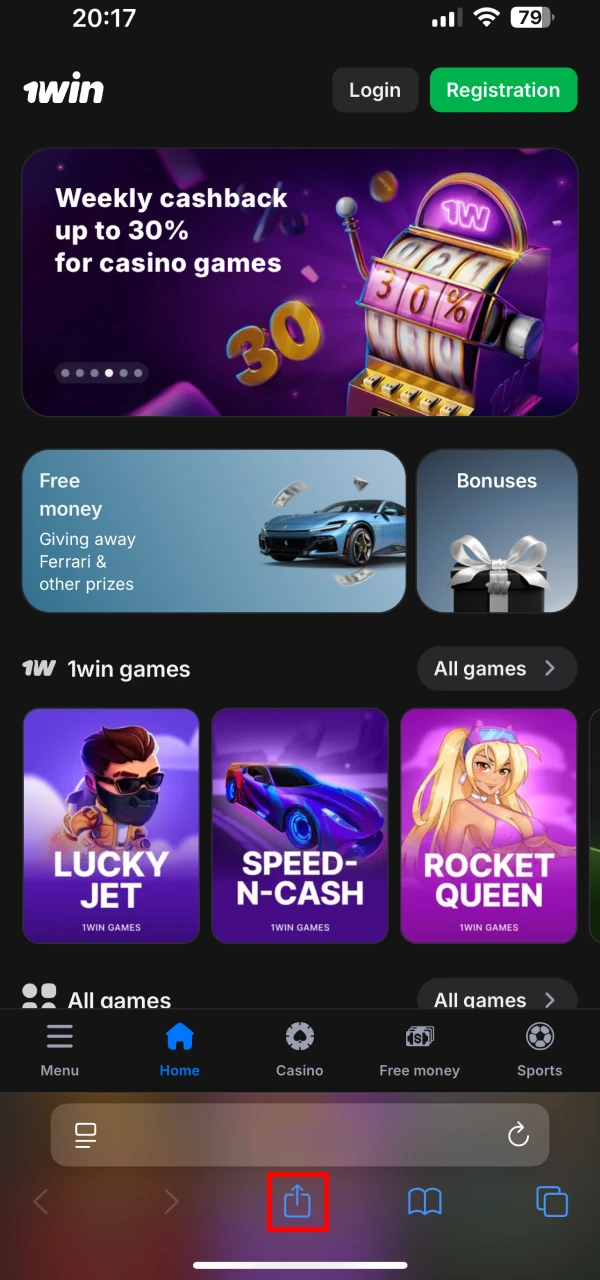 Click the share button to add the 1win app to iOS.