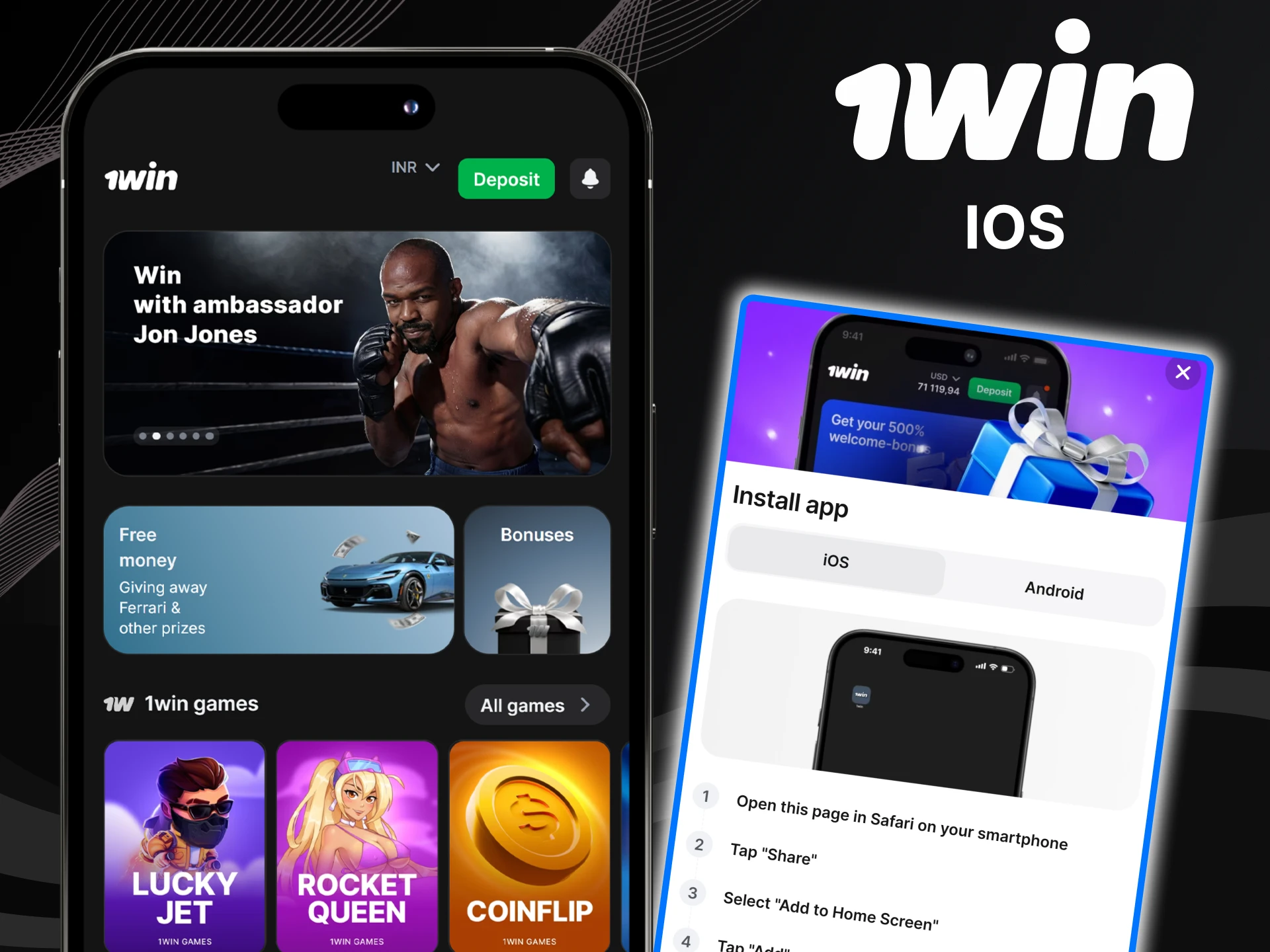 Download the 1win app for iOS devices.