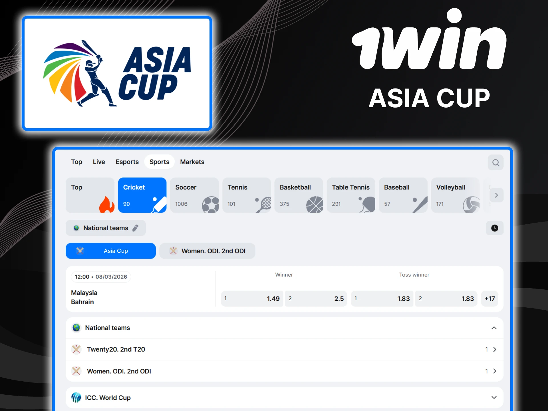 Place your bets on Asia Cup events with 1win.