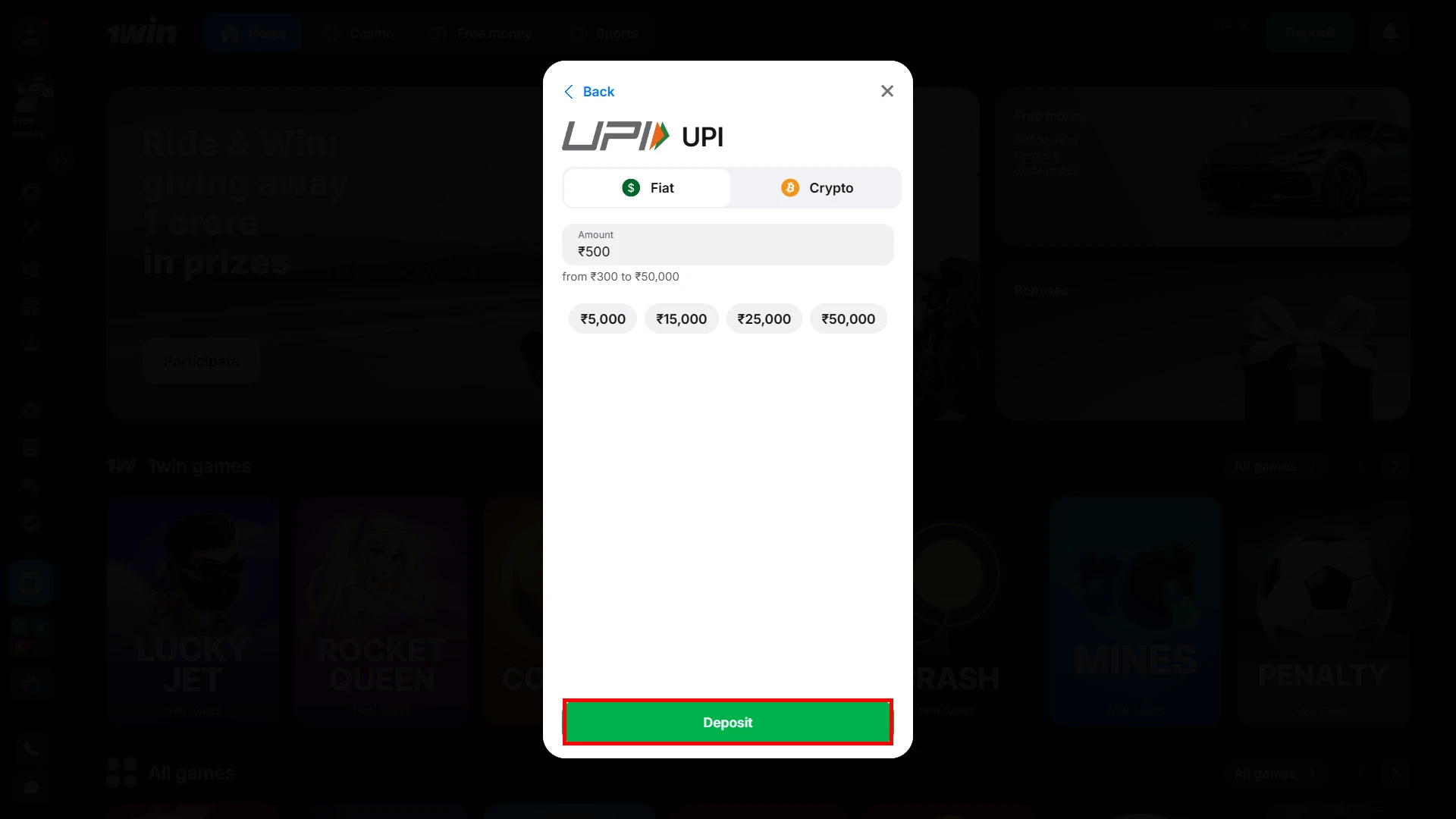 Confirm your deposit on the 1win website.