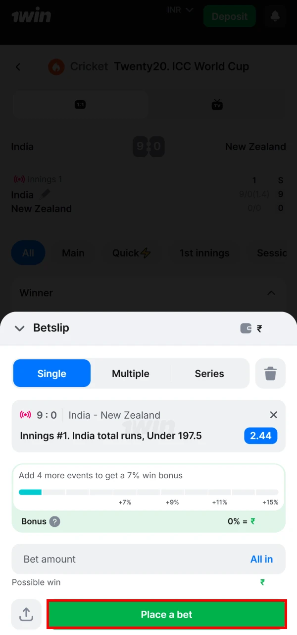 Place your bet on the 1win website.