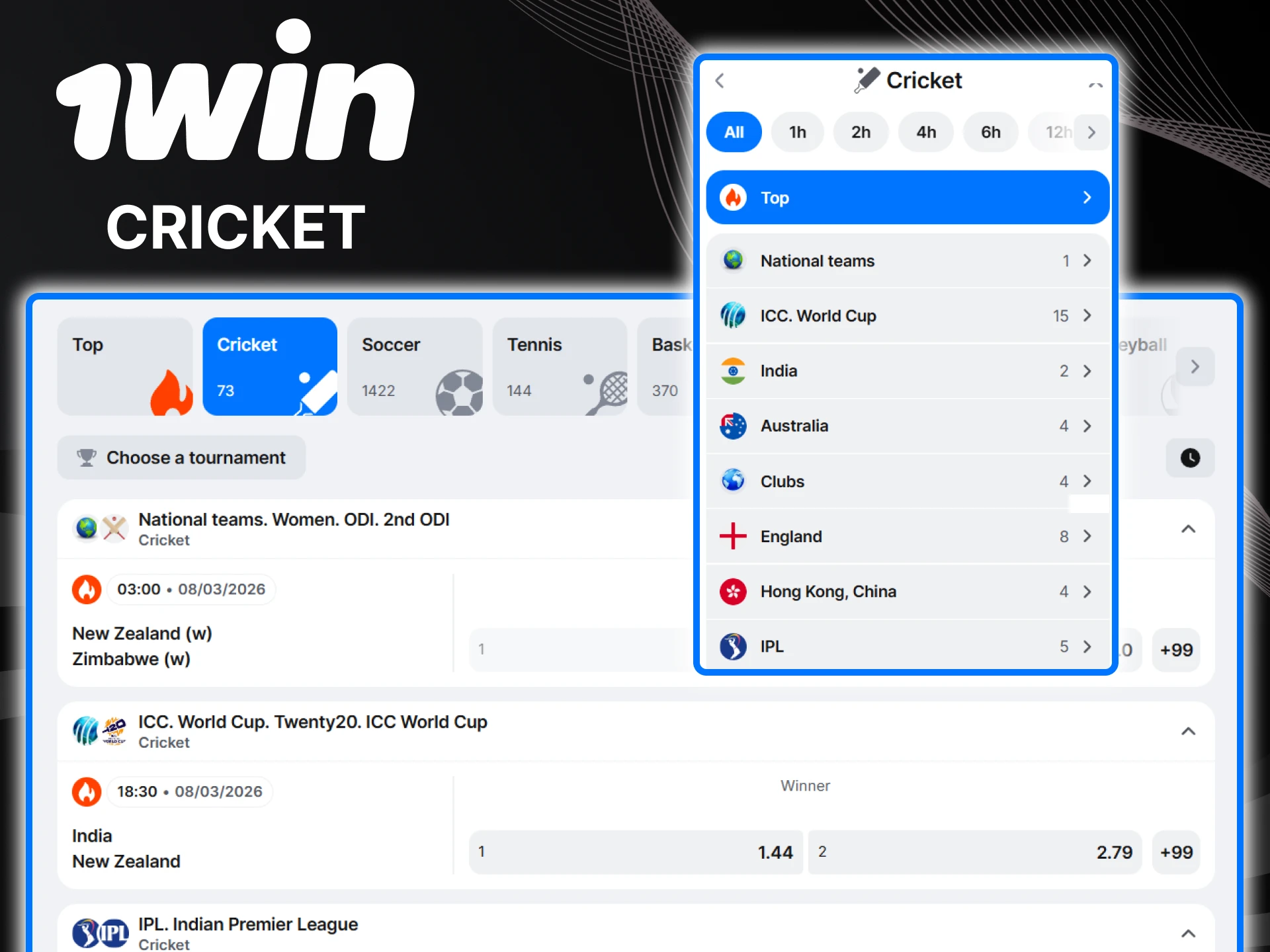In India, cricket is a popular form of betting on 1win.