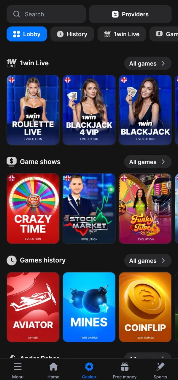 Choose one of the live casino gears on 1win.