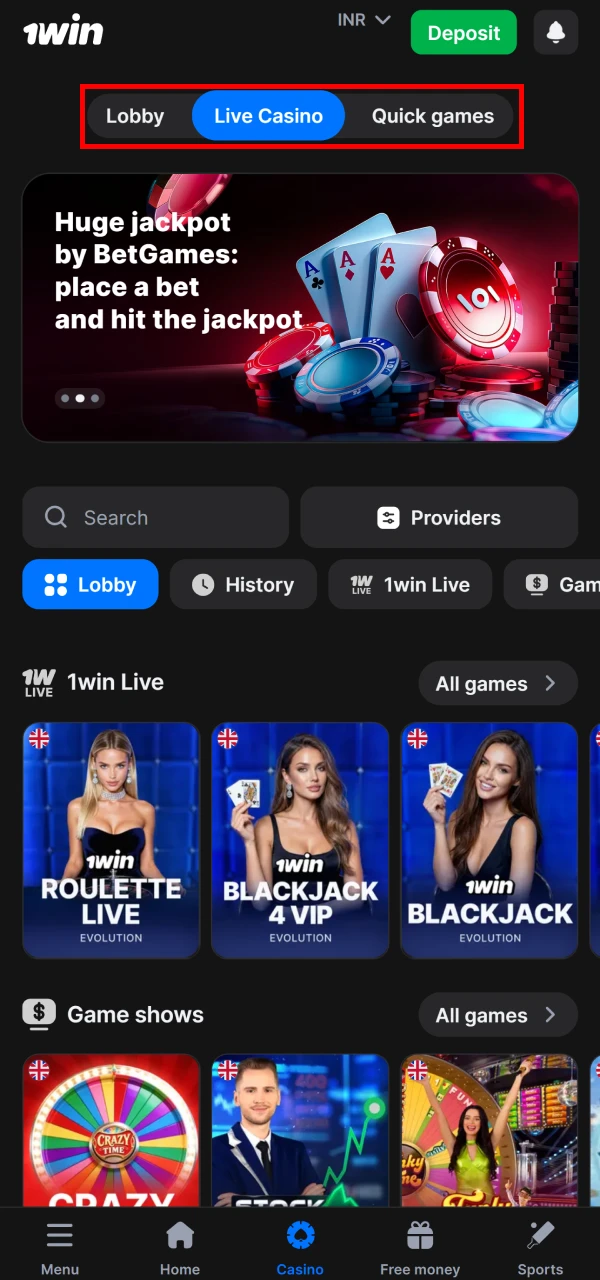 In the 1win website menu, select the live casino section.