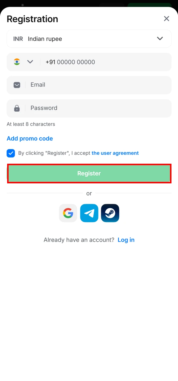 Complete registration in the 1win application.