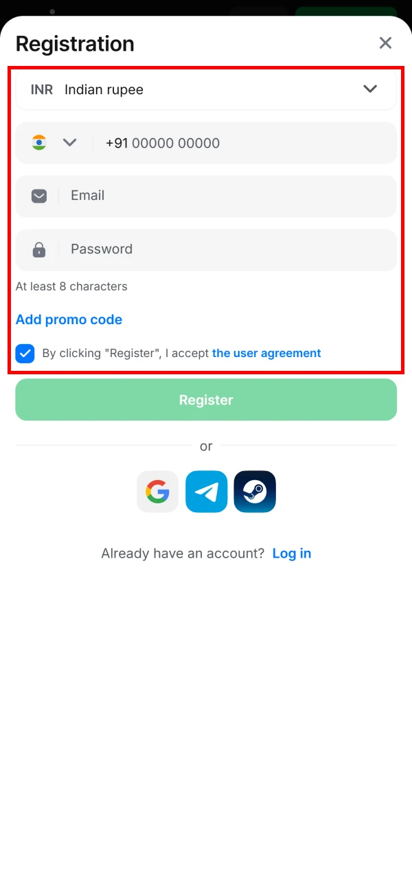 Fill in the details in the registration form for the 1win application.
