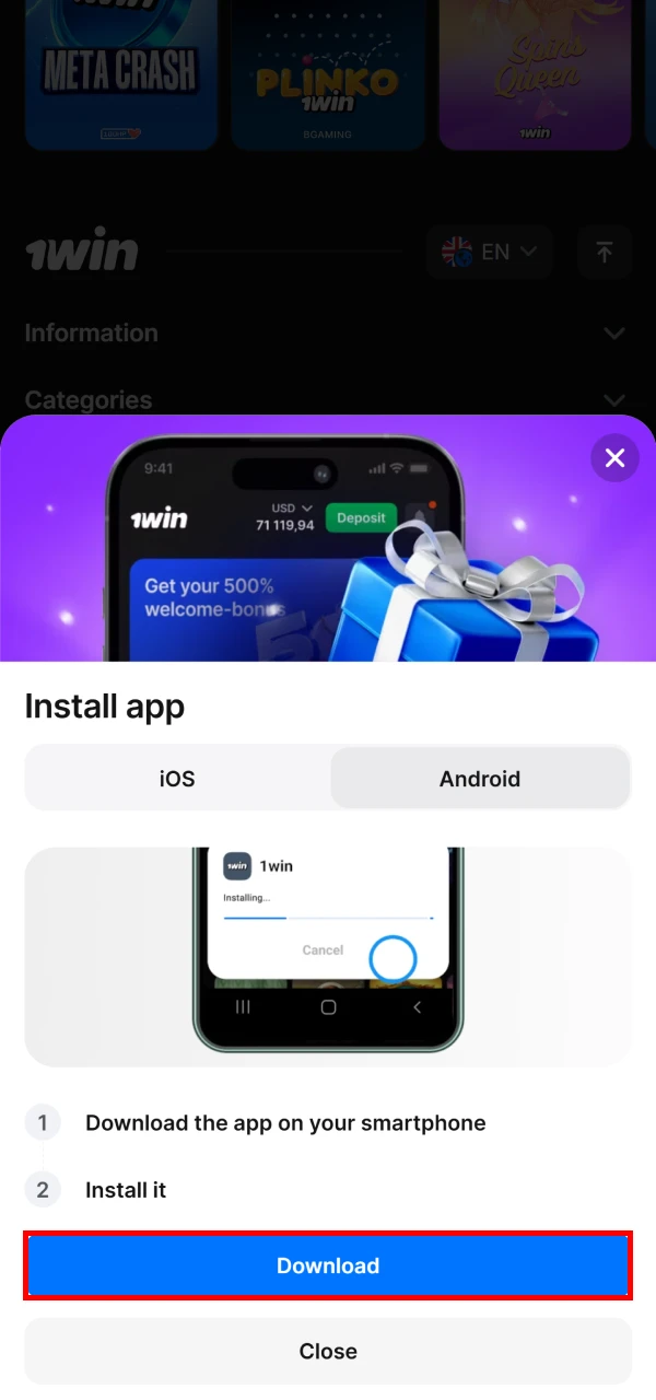 Download the 1win app for registration.