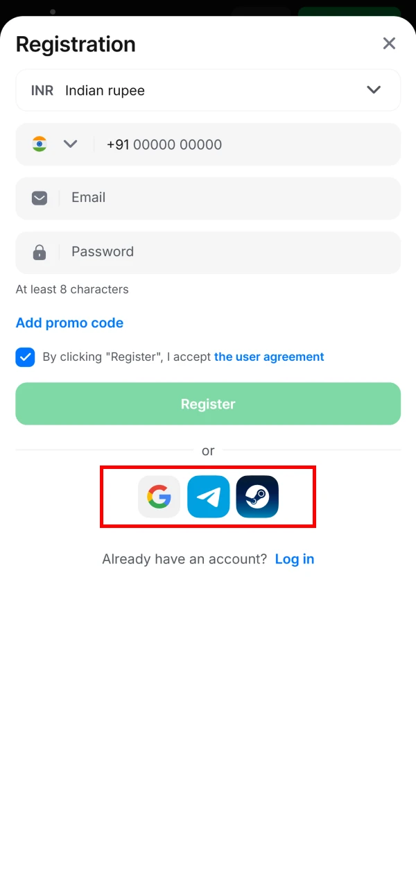 Select an available registration method in the 1win application.
