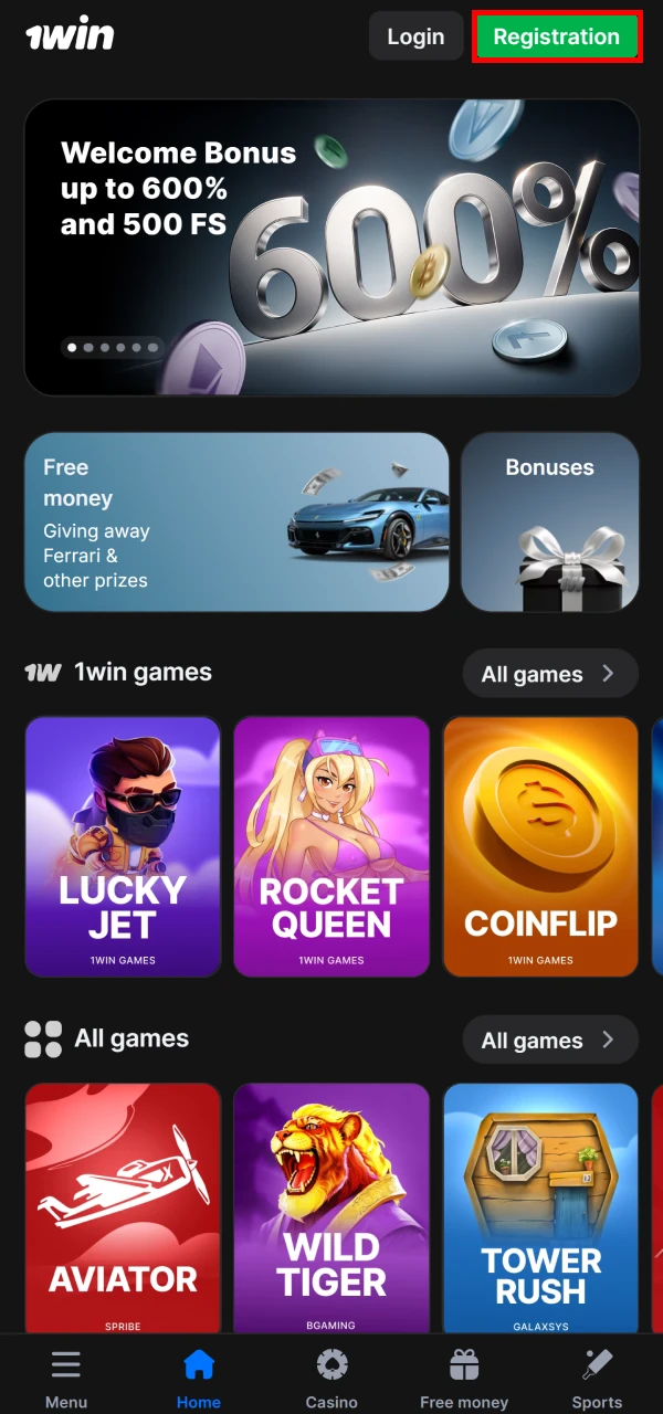 Open the registration window on the main page of the 1win application.